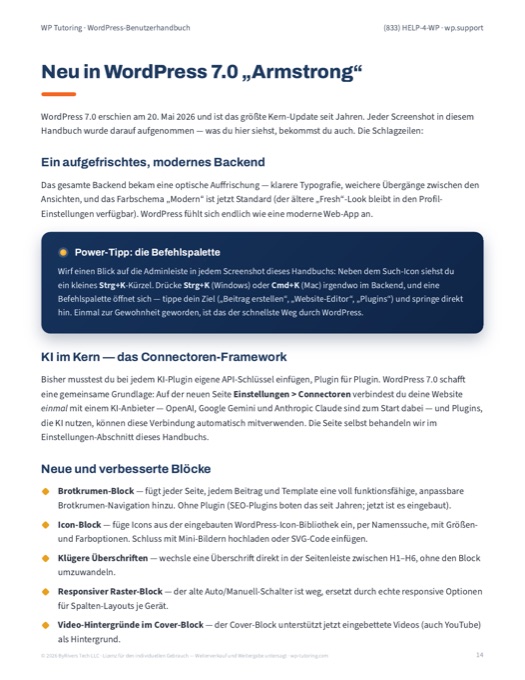 Handbuchseite: die Neuheiten von WordPress 7.0