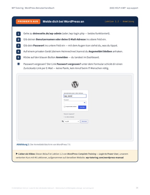 Handbuchseite: bei WordPress anmelden, mit Screenshot des Anmeldebildschirms