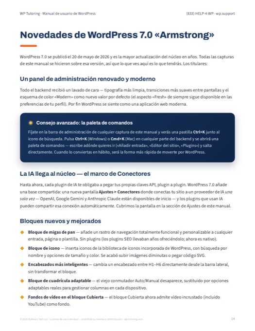 Página del manual: novedades de WordPress 7.0