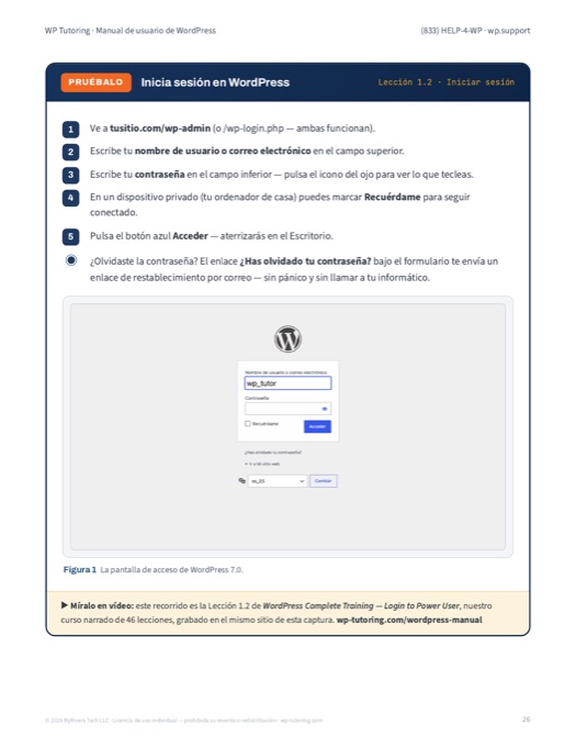 Página del manual: iniciar sesión en WordPress, con captura de la pantalla de acceso