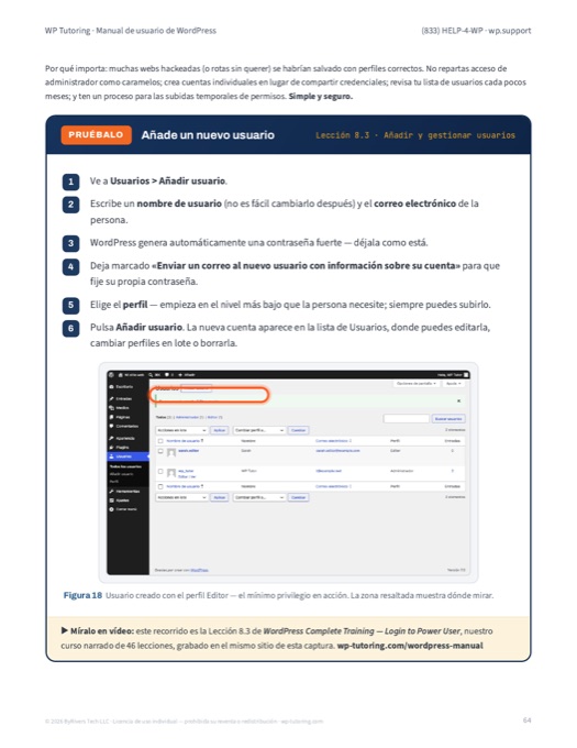 Página del manual: usuarios y permisos, con la lista de Usuarios