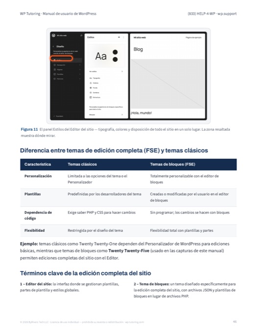 Página del manual: edición completa del sitio, con el panel de Estilos del Editor