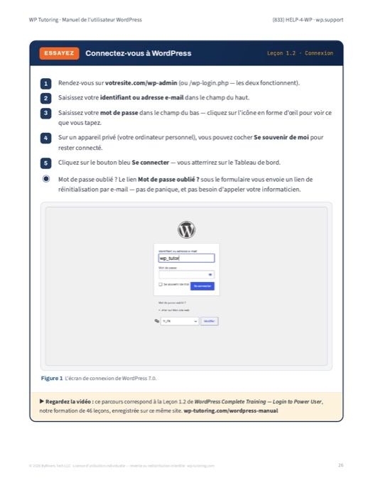 Page du manuel : se connecter à WordPress, avec une capture de l’écran de connexion