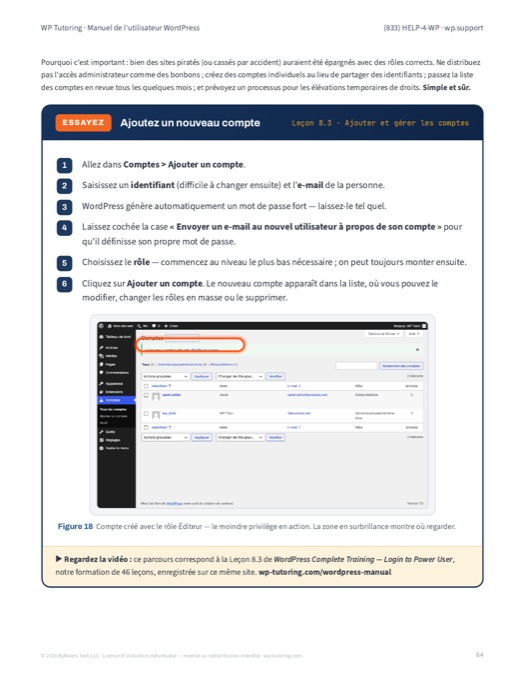 Page du manuel : comptes et permissions, avec la liste des Comptes