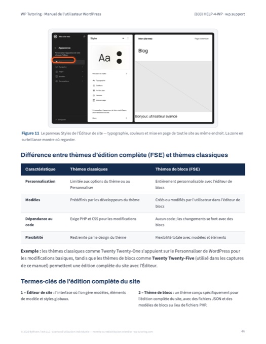 Page du manuel : édition complète du site, avec le panneau Styles de l’Éditeur