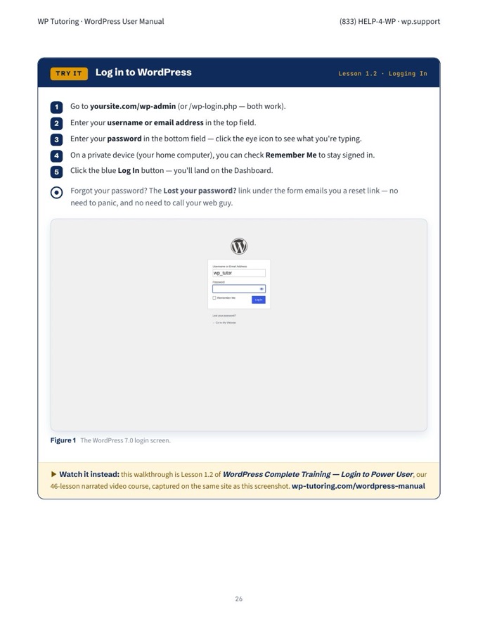 Manual page: logging in to WordPress, with a screenshot of the 7.0 login screen