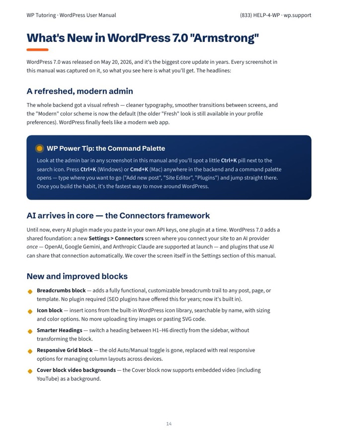 Manual page: what's new in WordPress 7.0 — the command palette, AI Connectors and new blocks