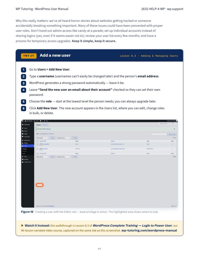 Manual page: adding and managing users, with a screenshot of the Users list