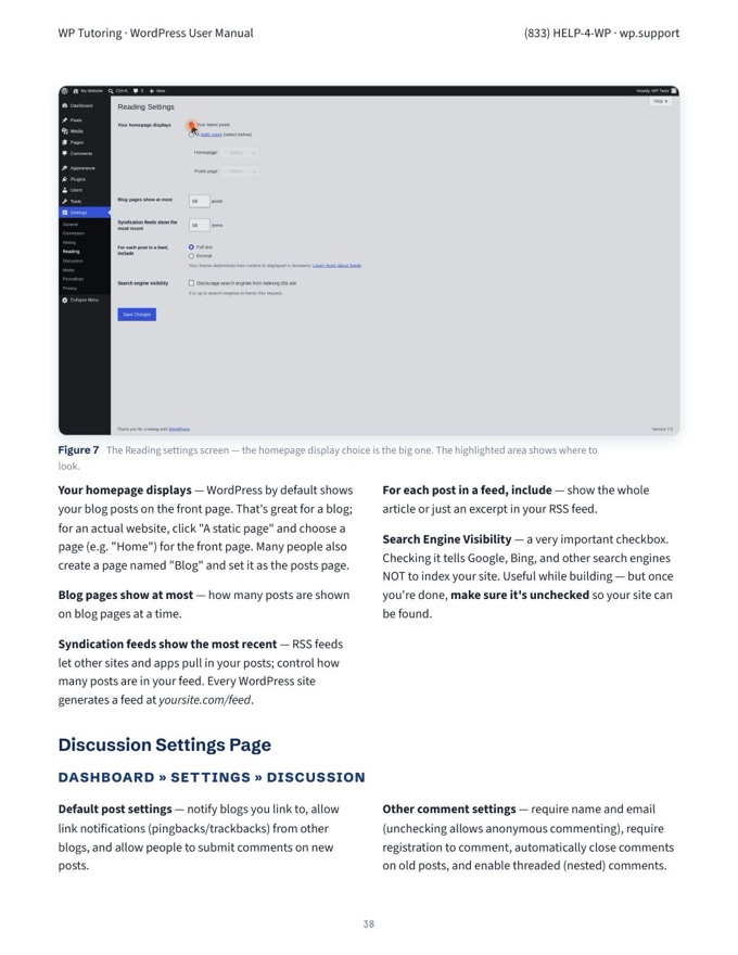 Manual page: Reading settings, with a screenshot of the WordPress Reading settings screen