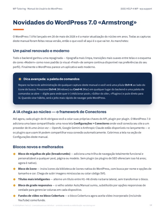 Página do manual: novidades do WordPress 7.0