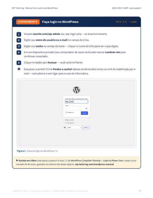 Página do manual: fazer login no WordPress, com captura da tela de acesso