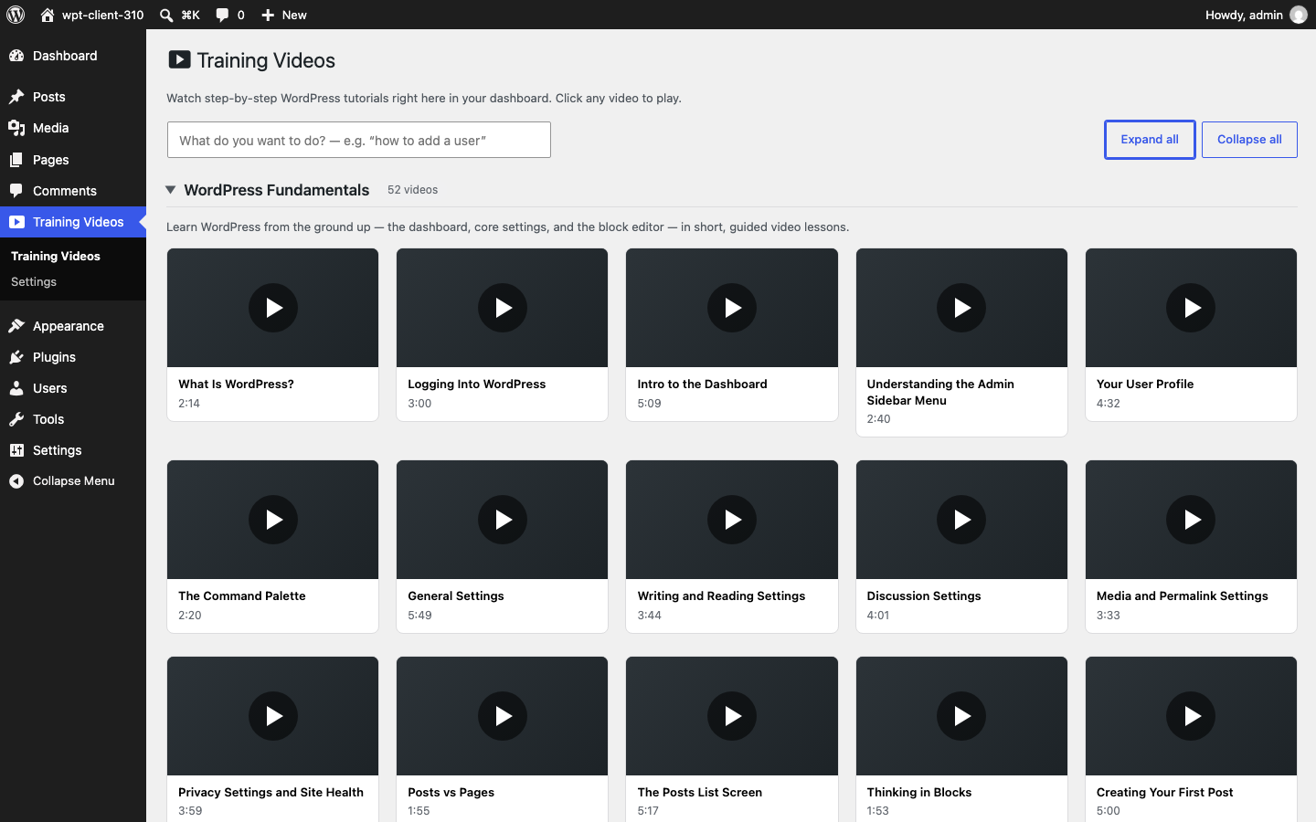 The course library screen inside wp-admin, showing course cards with lesson counts