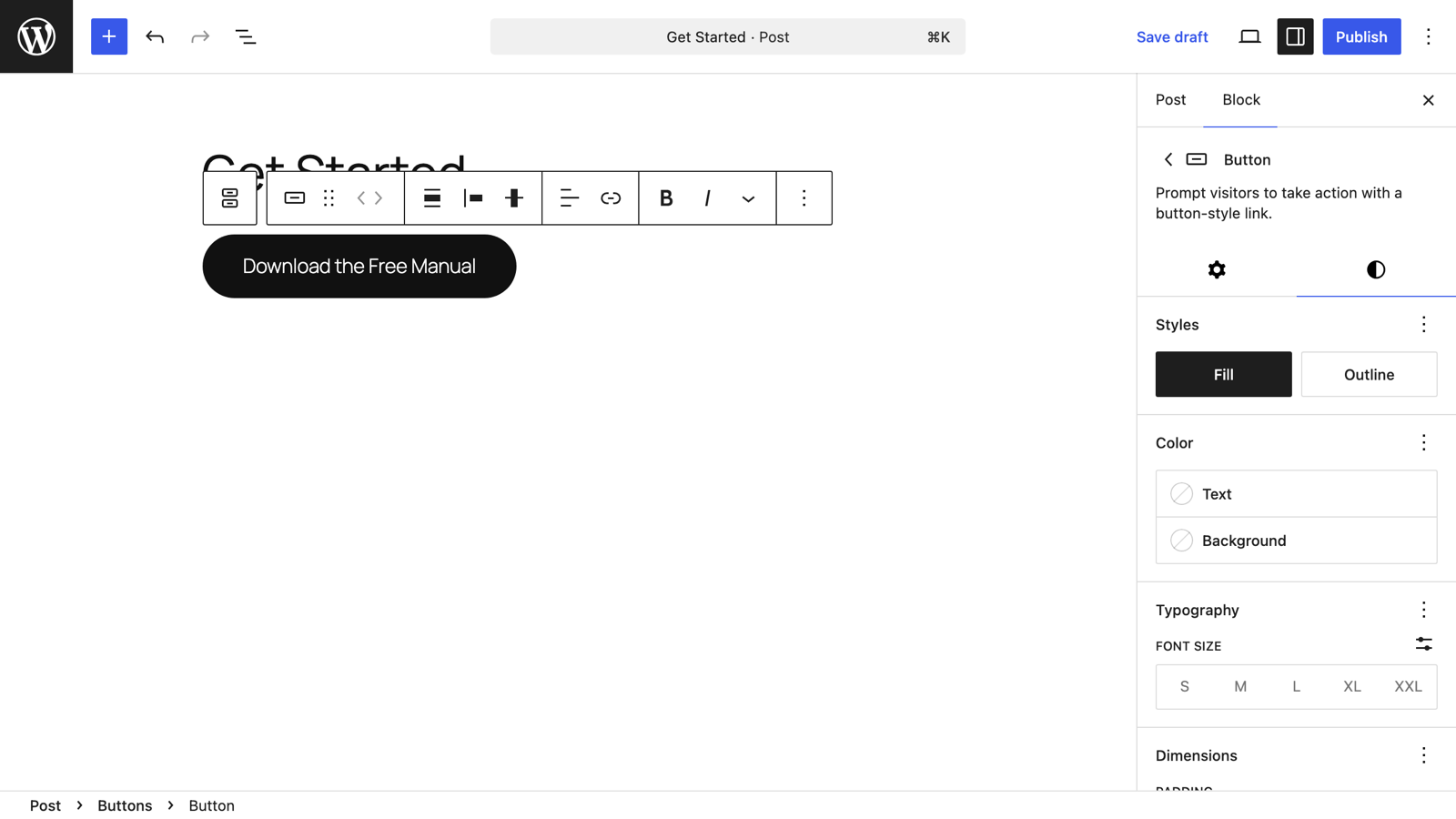 The Button block's Styles tab with Fill and Outline options