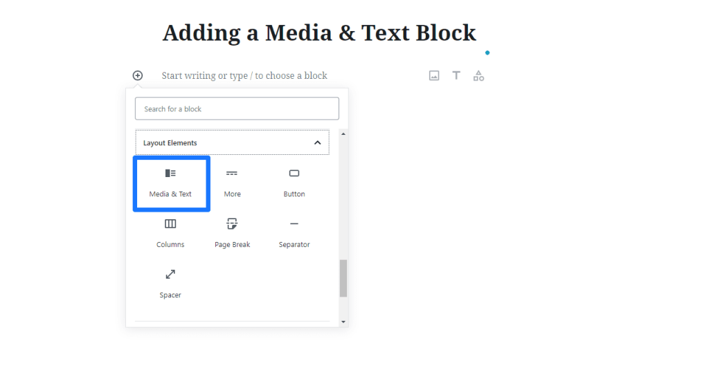 Selecting the Media and Text Block in Gutenberg.