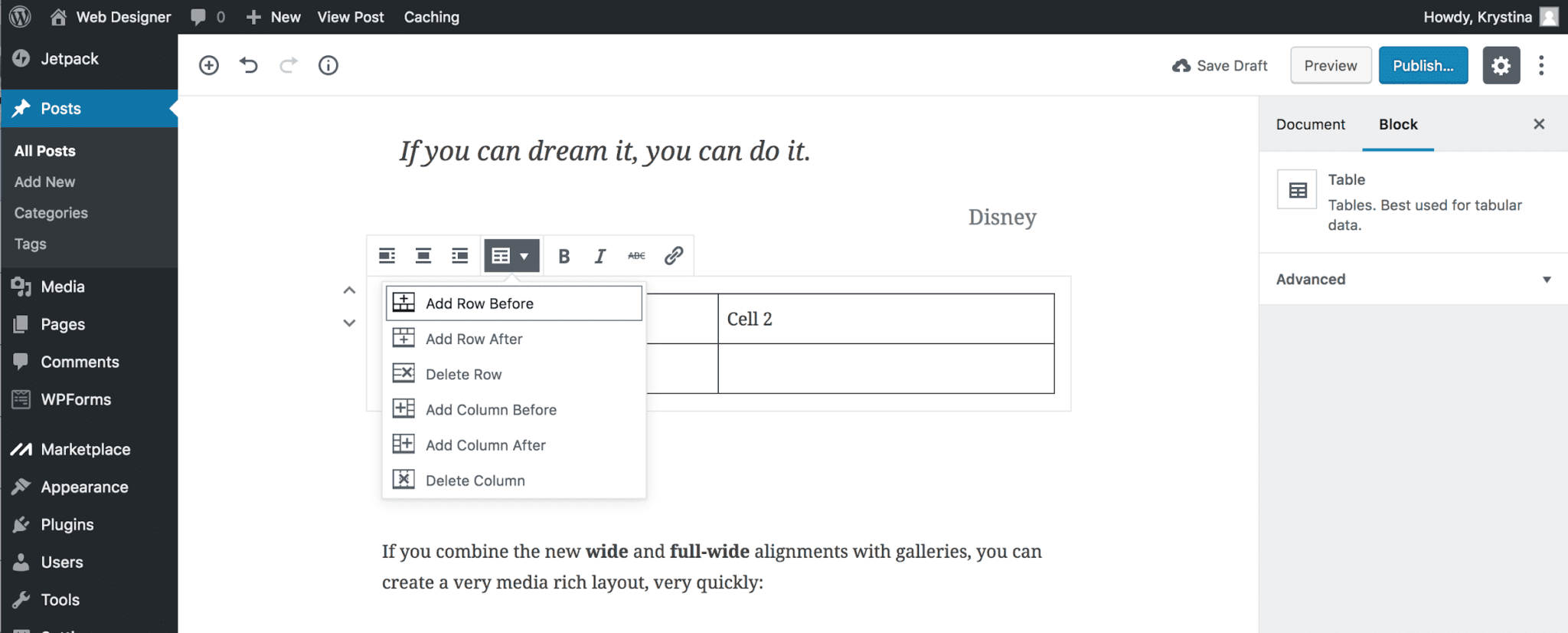 Adding a Table in Gutenberg