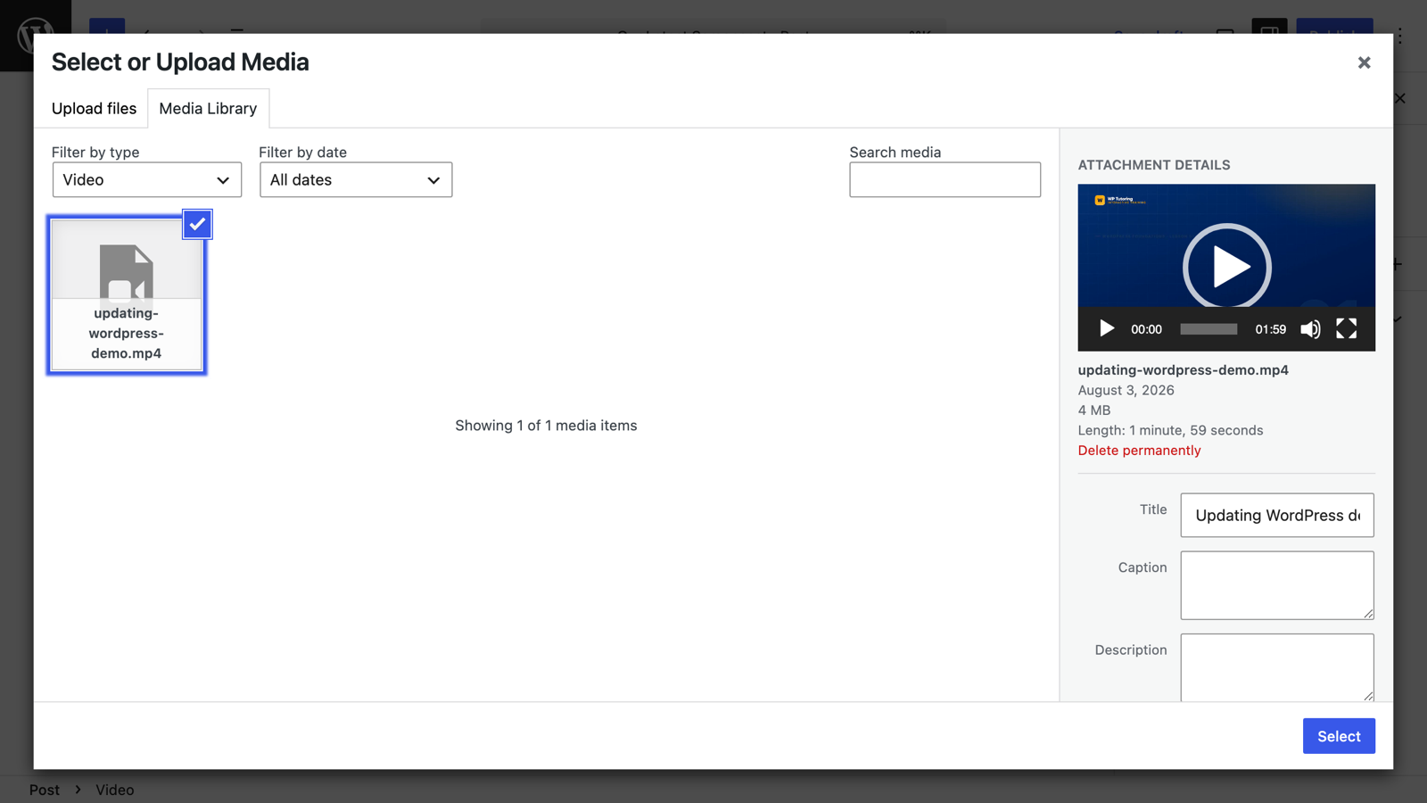 Selecting a video in the WordPress media library modal