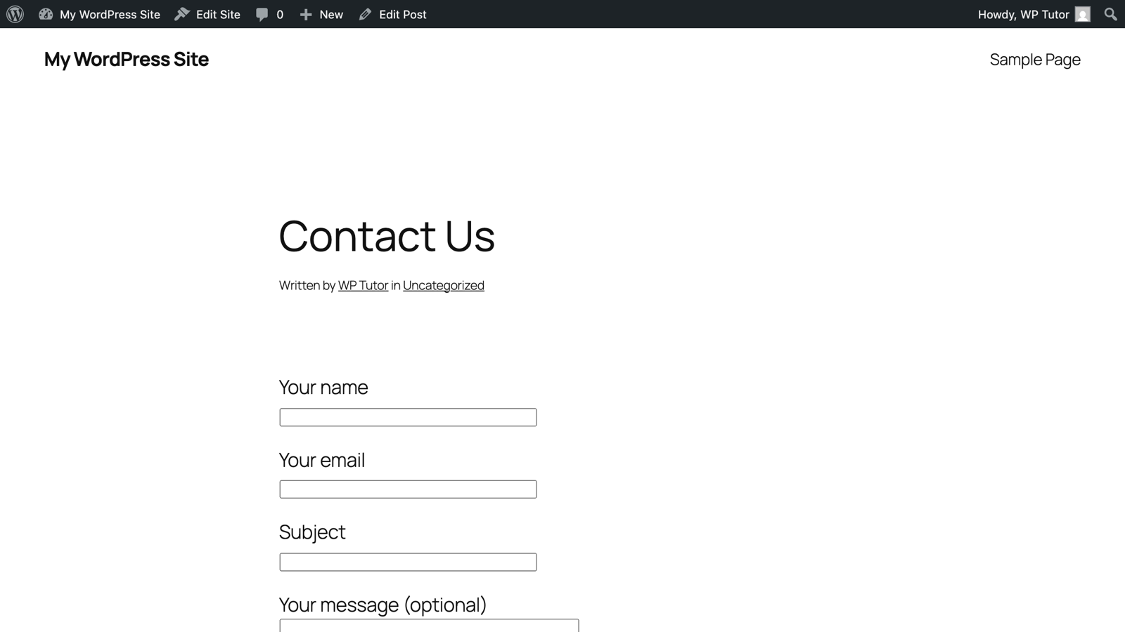 The published page showing the contact form the shortcode produced