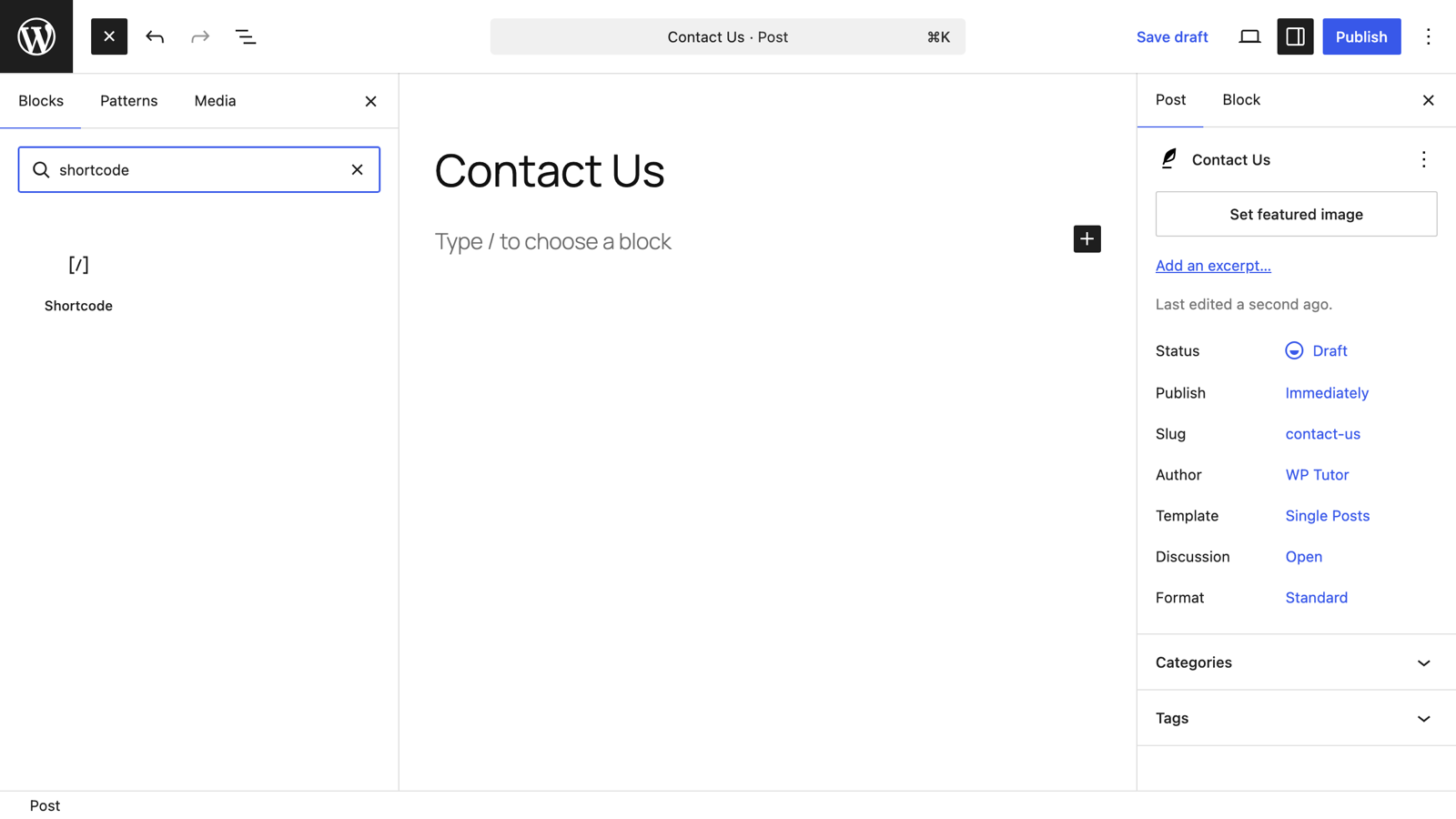 Searching for the Shortcode block in the WordPress block inserter