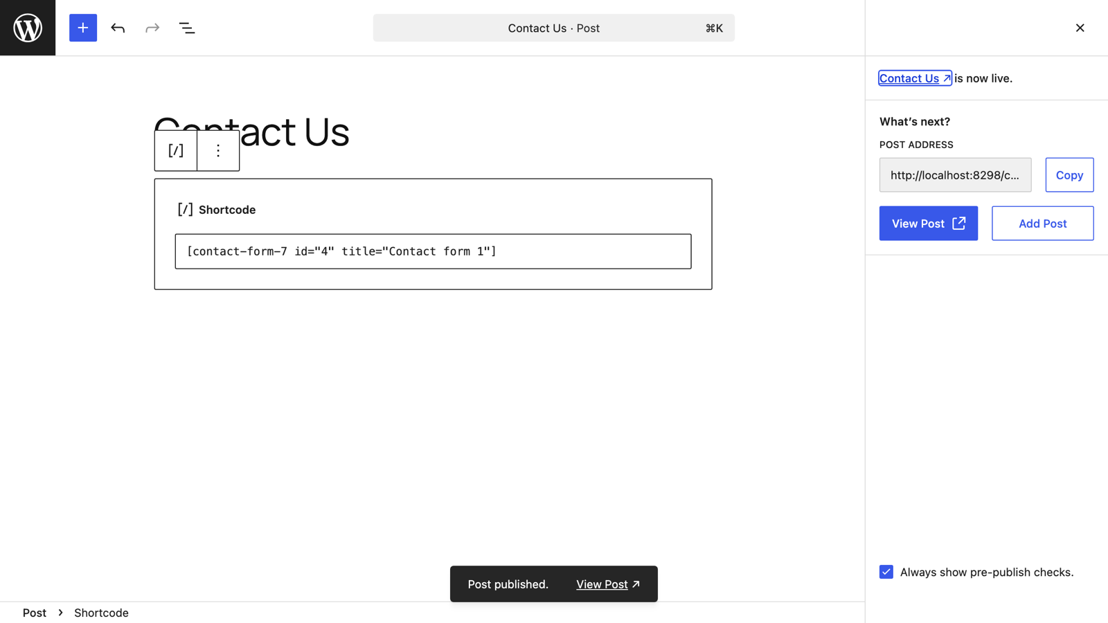 The publish confirmation panel with a link to view the post