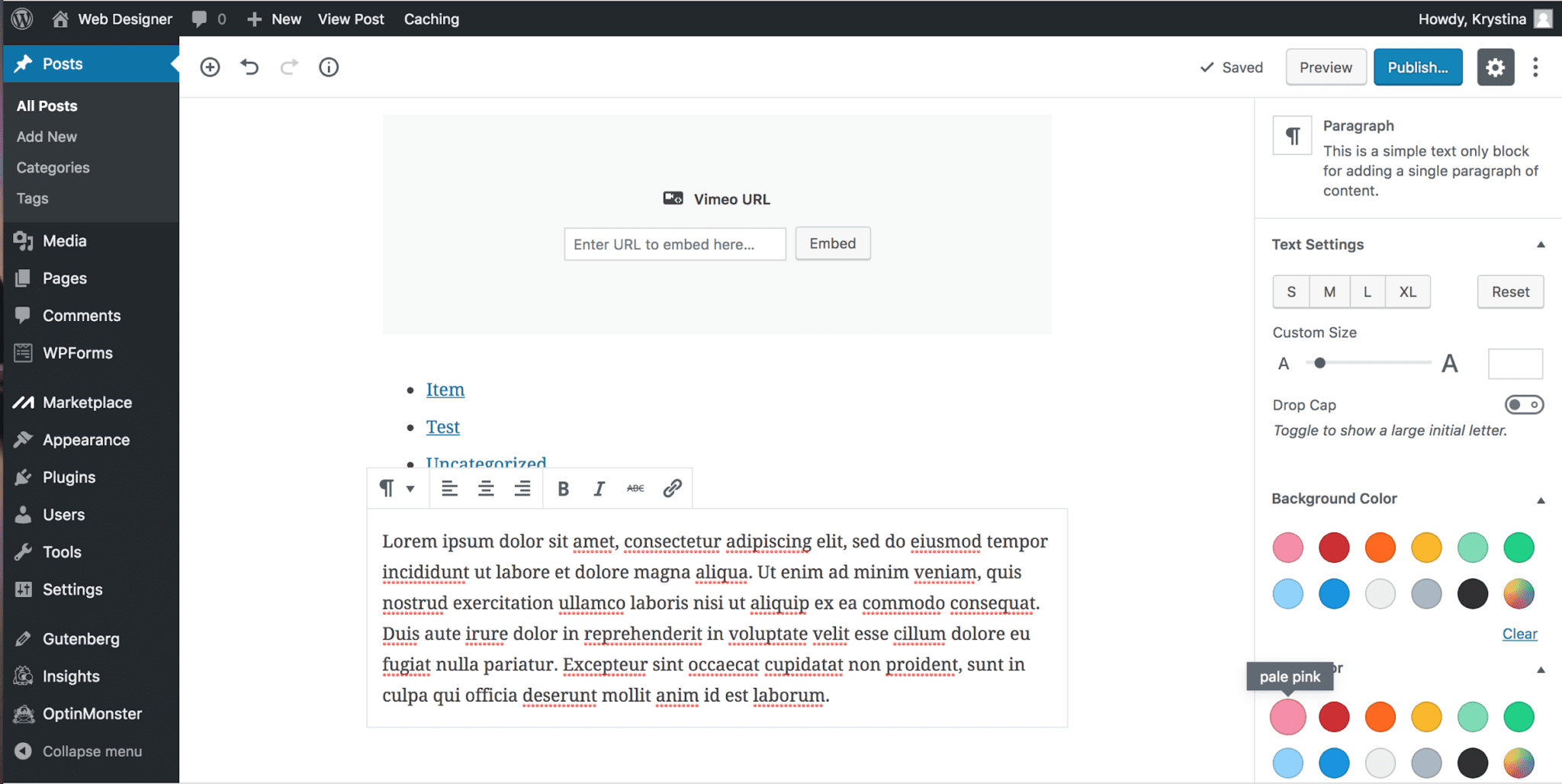 Adding text in Gutenberg WordPress 5.0