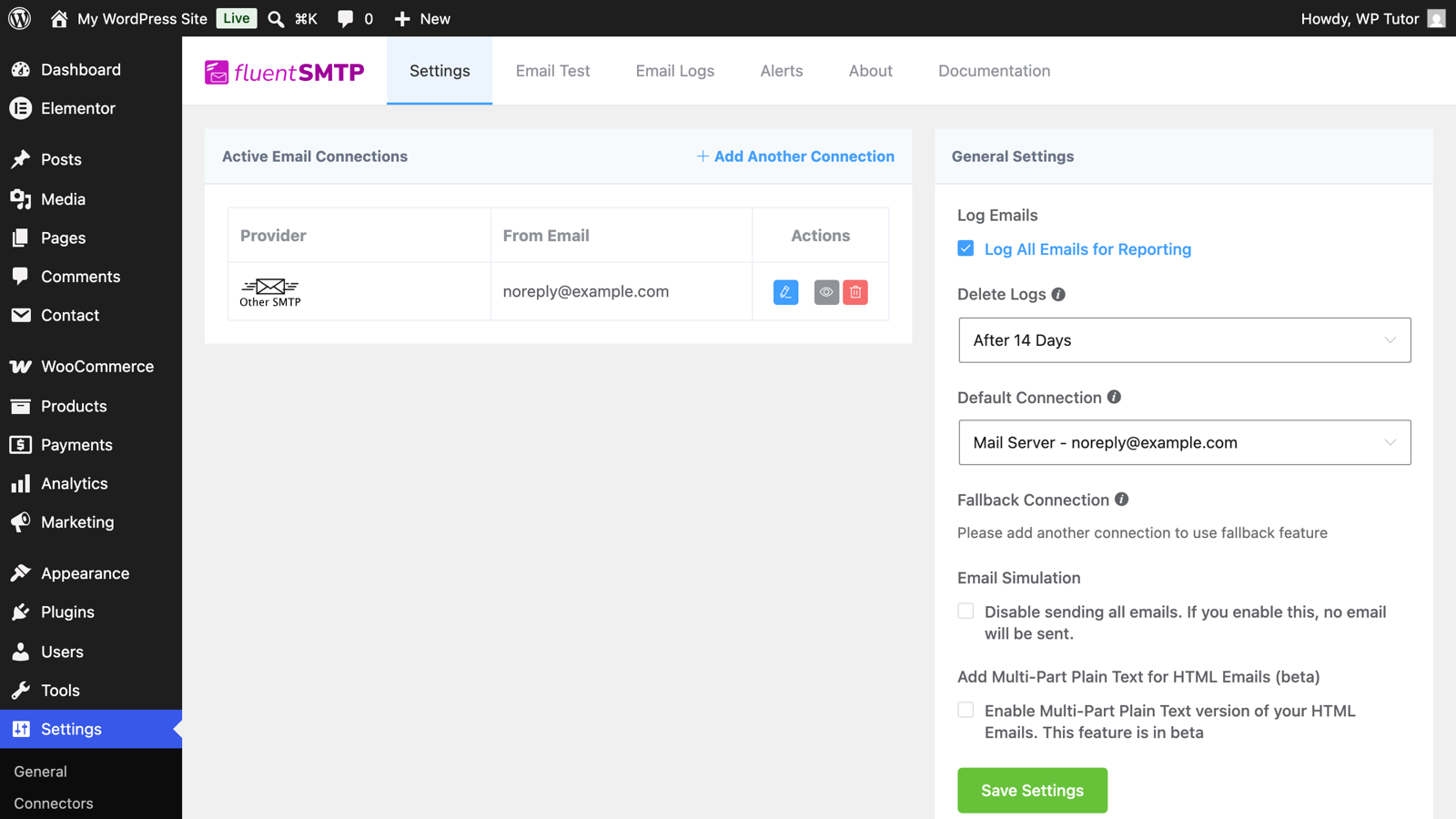 A configured SMTP connection in FluentSMTP