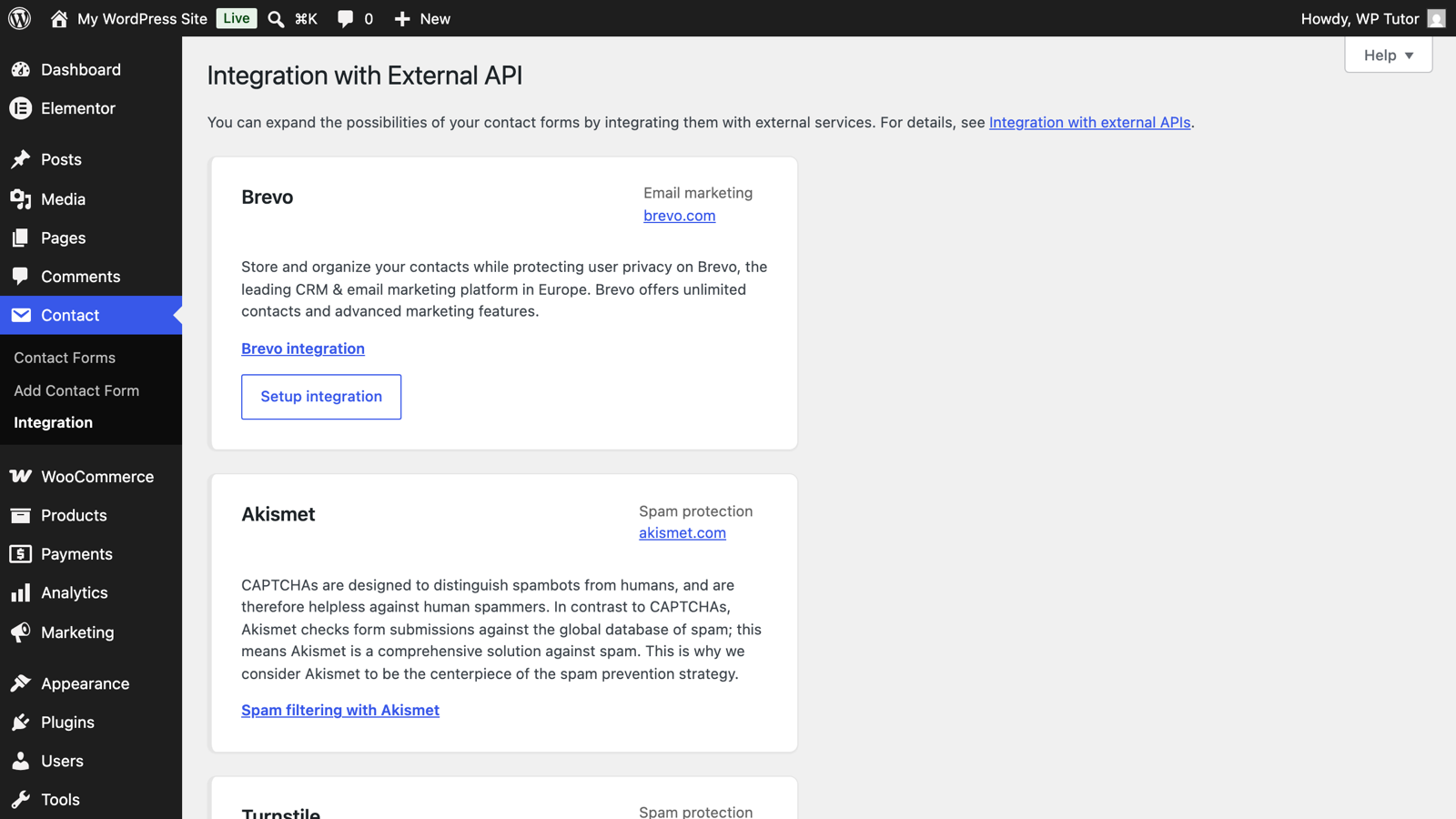 Contact Form 7's Integration screen with reCAPTCHA
