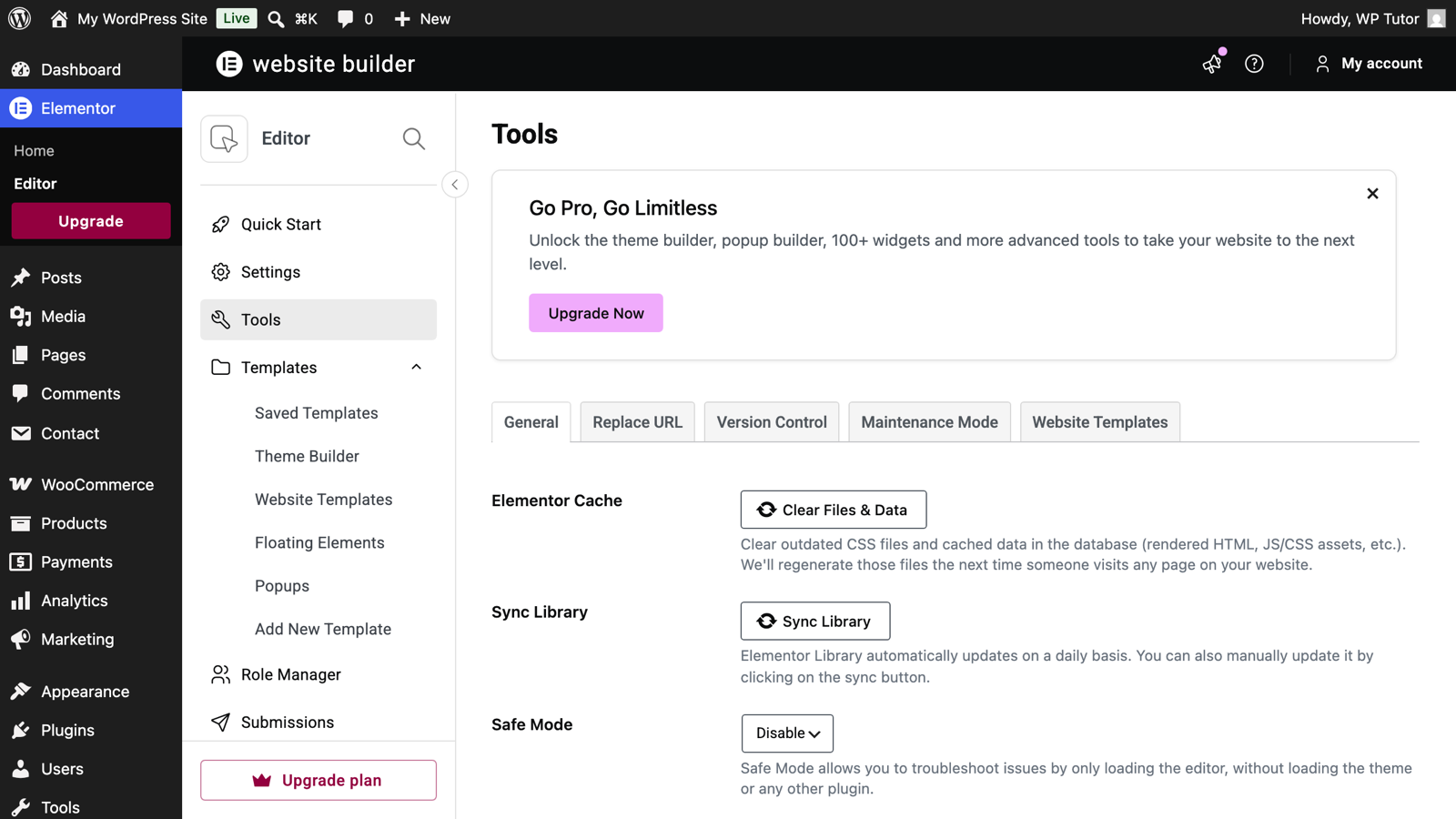 The Elementor Tools screen with Safe Mode and Regenerate CSS