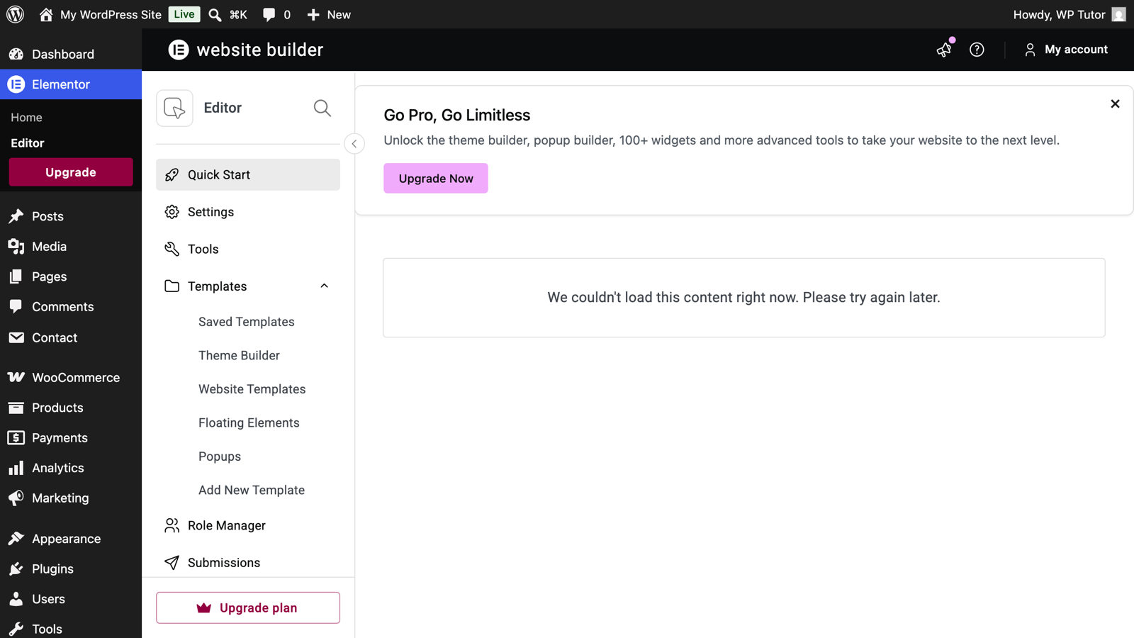 Elementor's settings screen