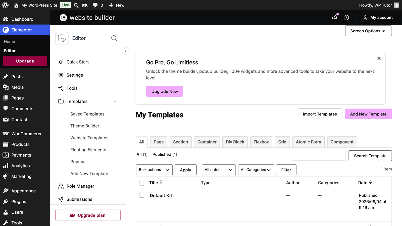 The saved templates screen in wp-admin