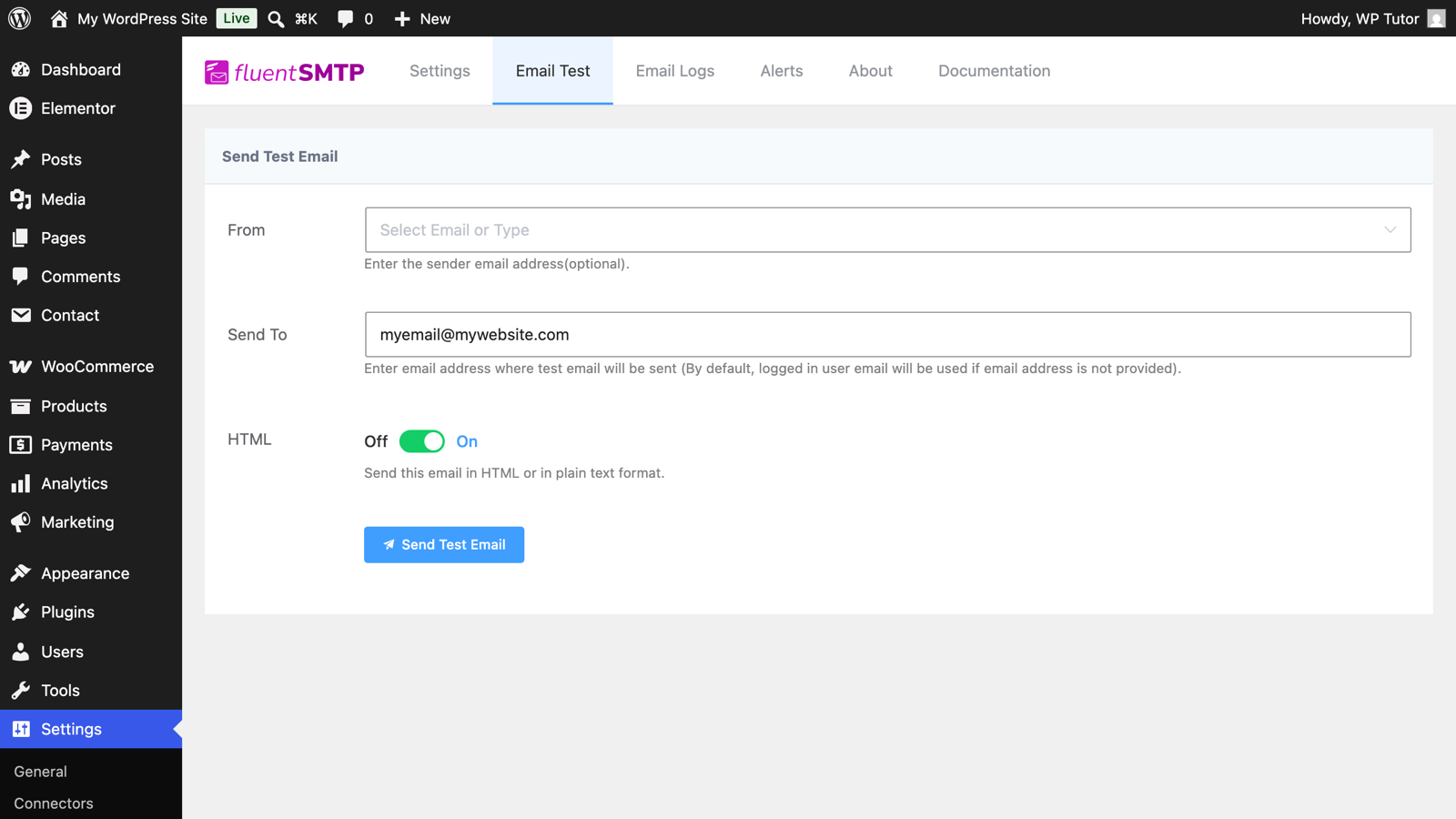 FluentSMTP's email test screen