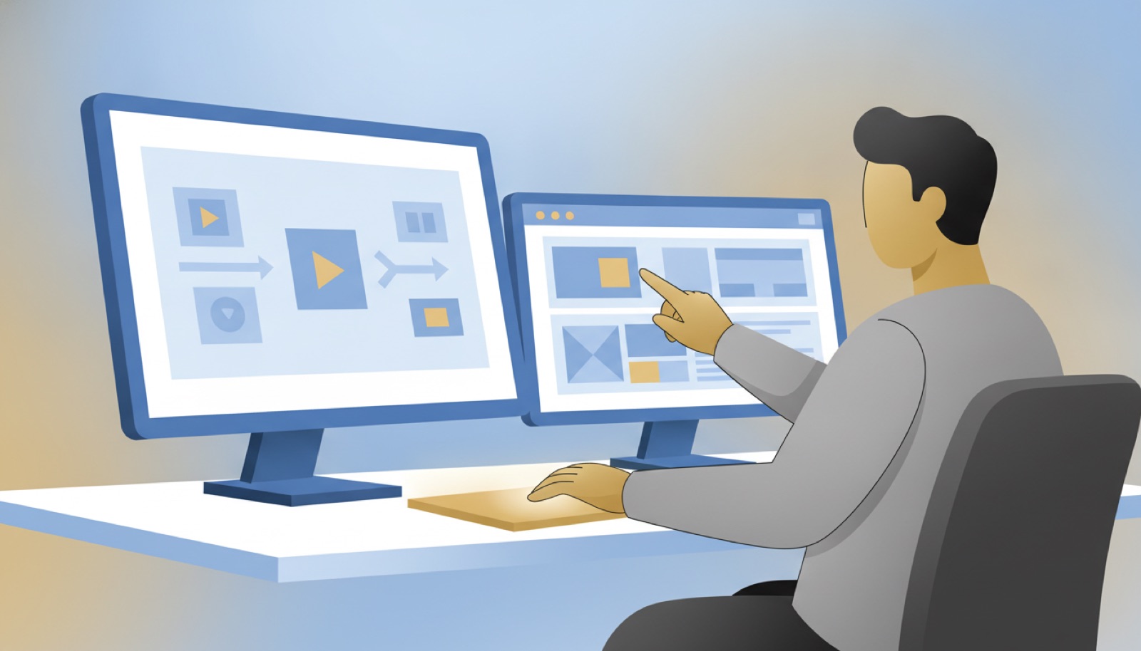 Someone watching a WordPress training video on one monitor while working on their own site on a second monitor