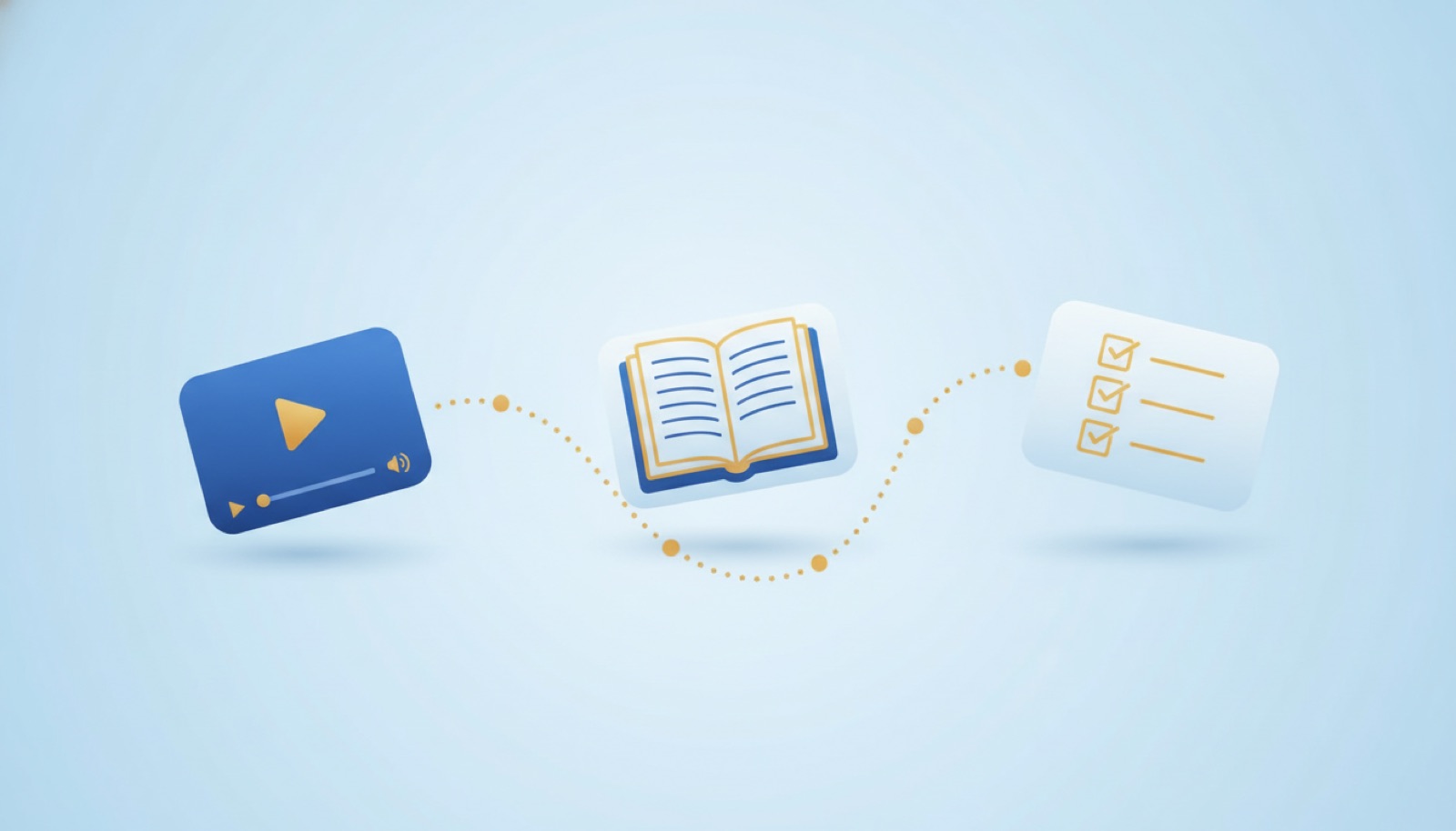 Illustration of a free WordPress video lesson leading to a PDF manual and then to a completed checklist