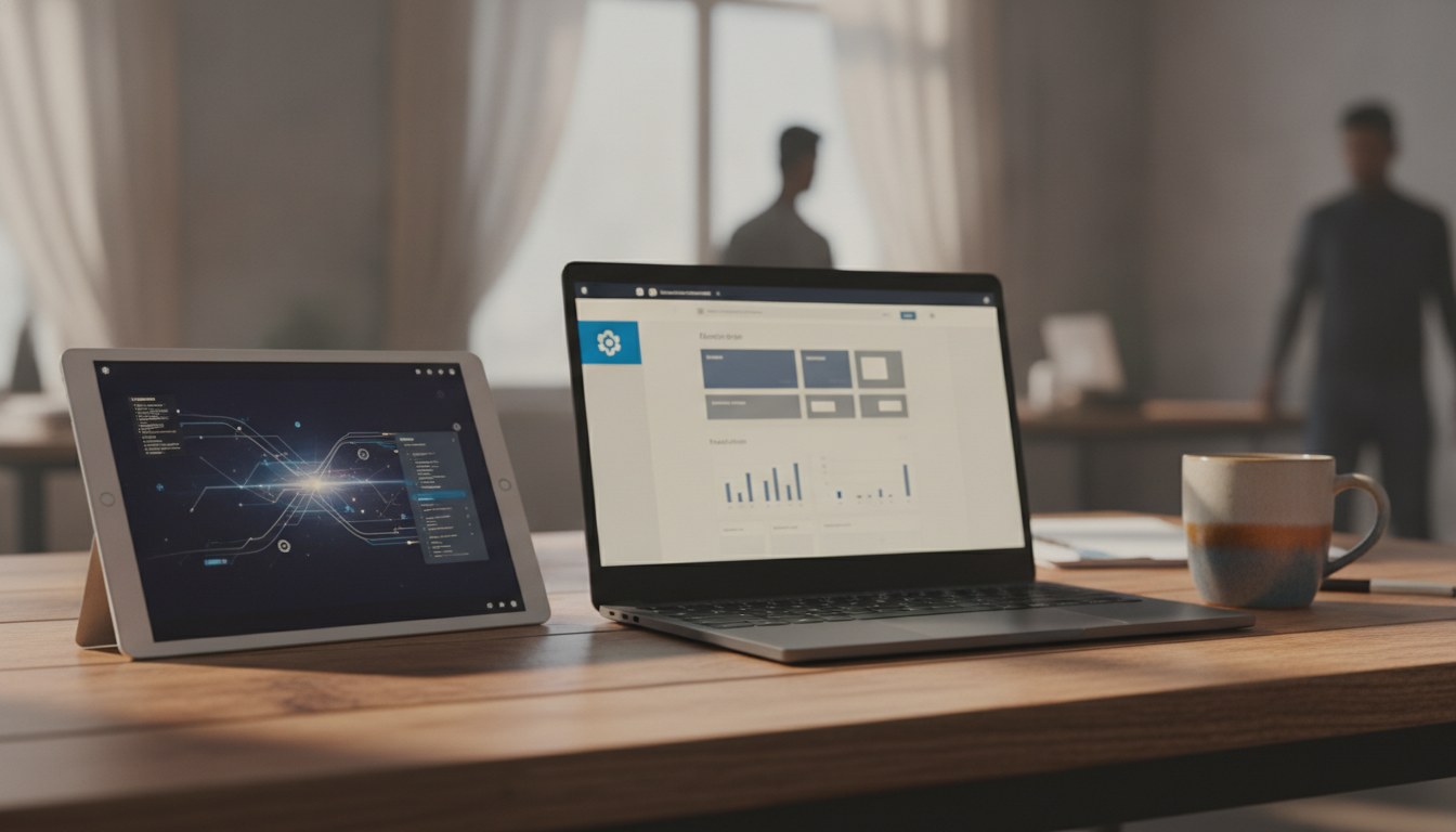 A tablet playing a WordPress tutorial video beside an open laptop showing the WordPress admin screen