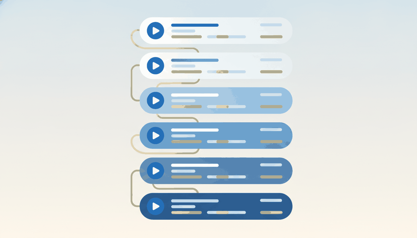 A vertical playlist of video lessons connected by a single flowing line, the earliest lessons brightest