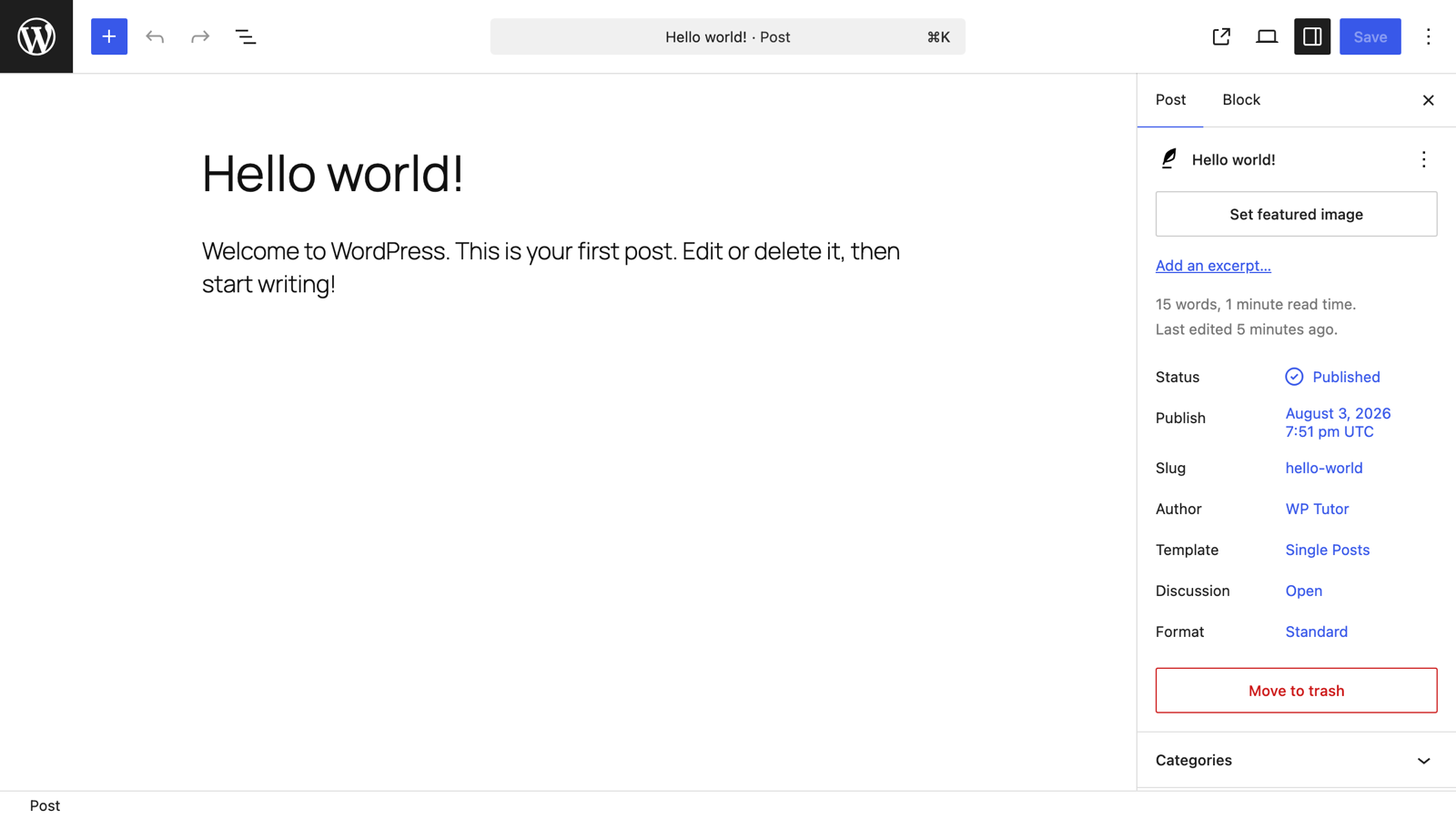 A post open in the restored classic editor