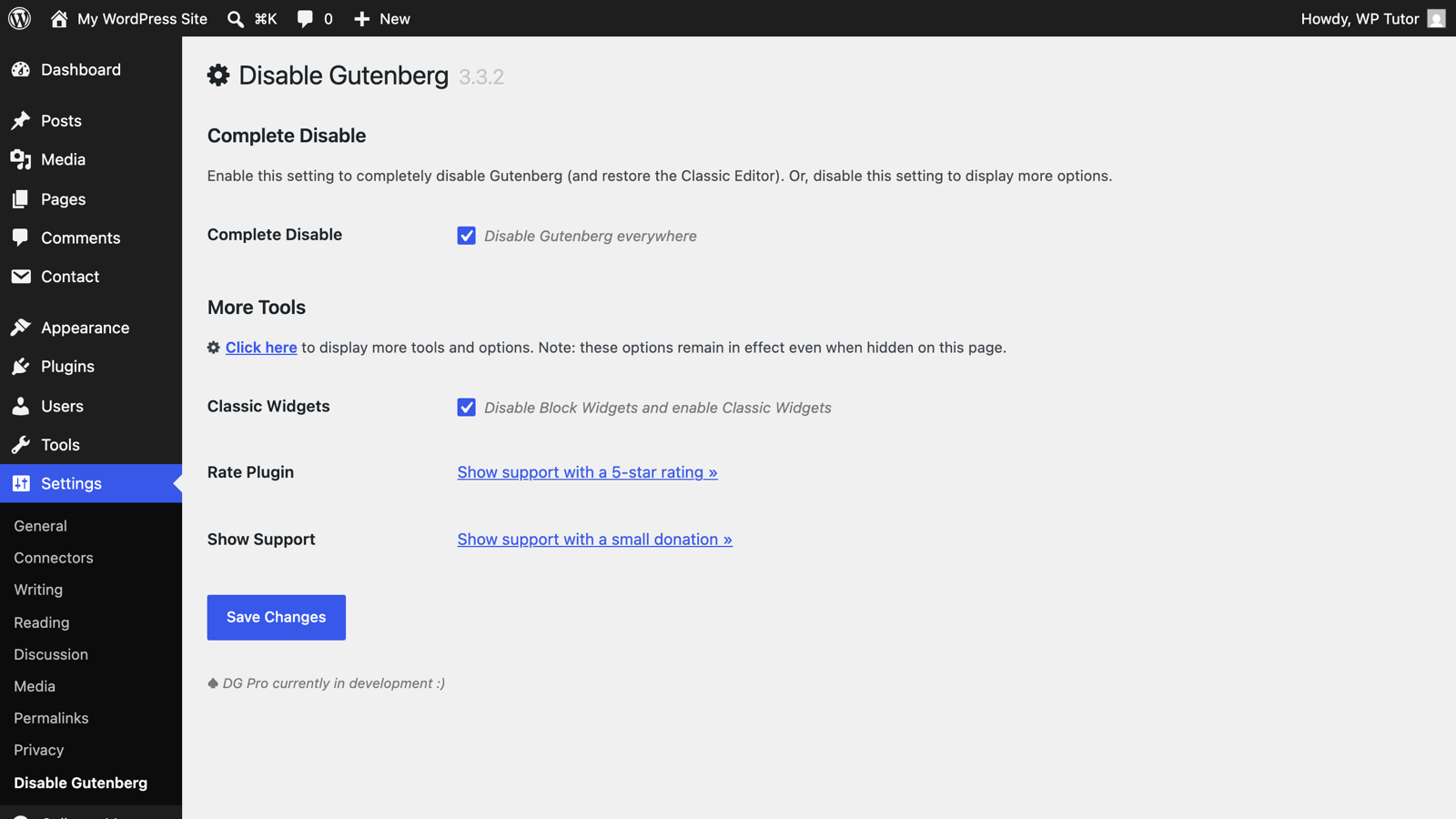The Disable Gutenberg settings page with Complete Disable checked