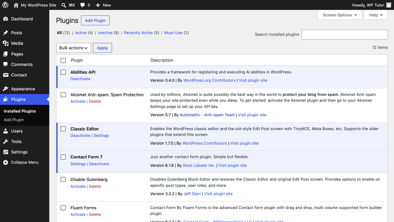 The Plugins screen with Classic Editor installed and active