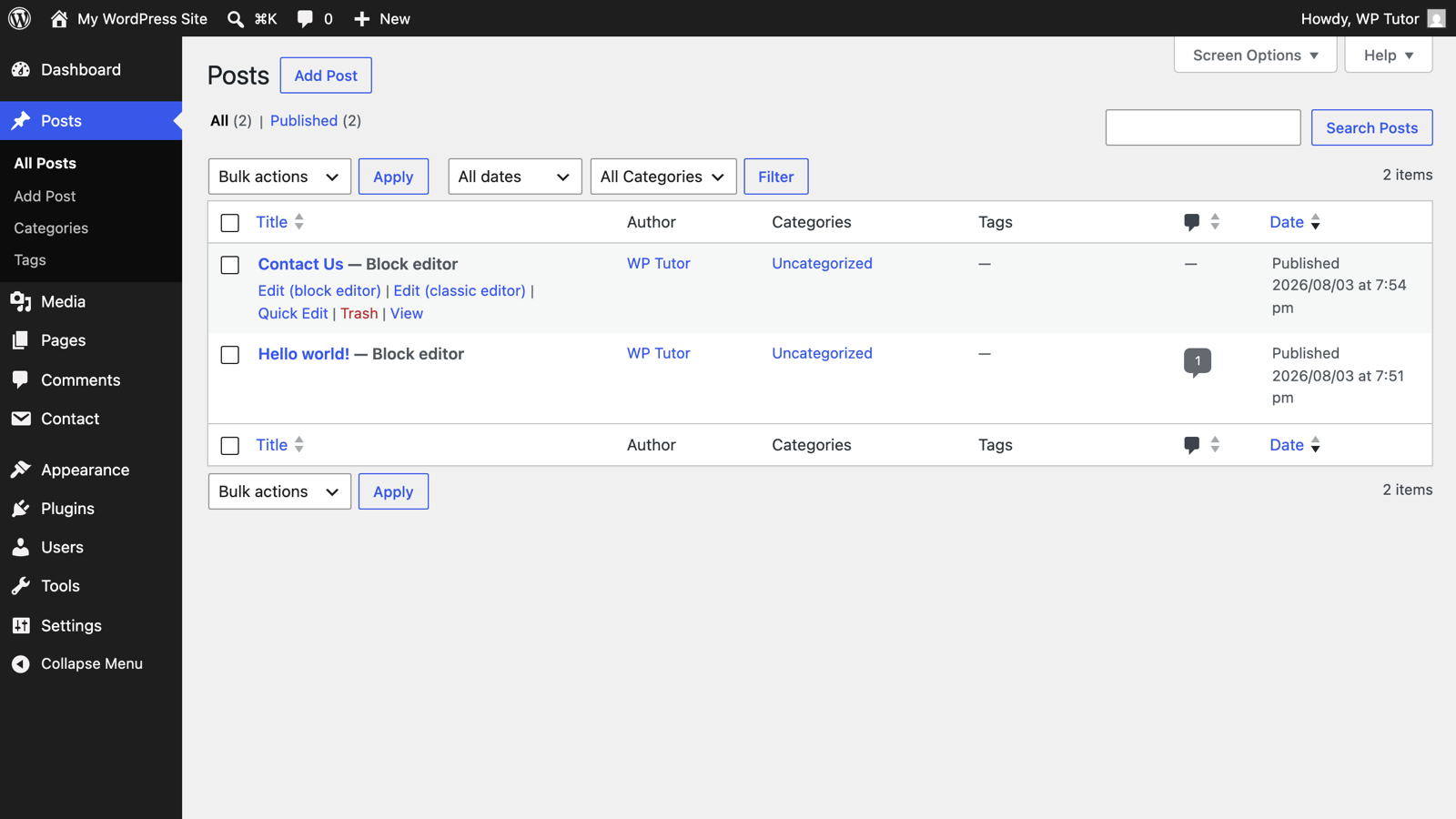 The Posts list with per-post links to open either editor