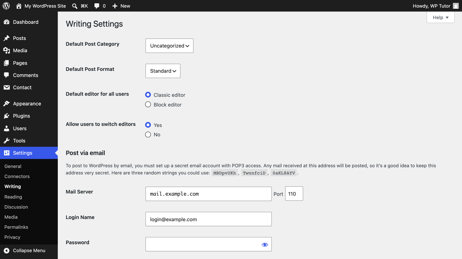 Writing Settings showing the Default editor and Allow users to switch editors options