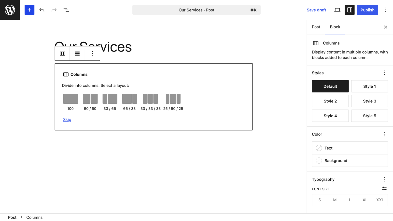The Columns block layout picker showing 50/50, 33/66 and other splits