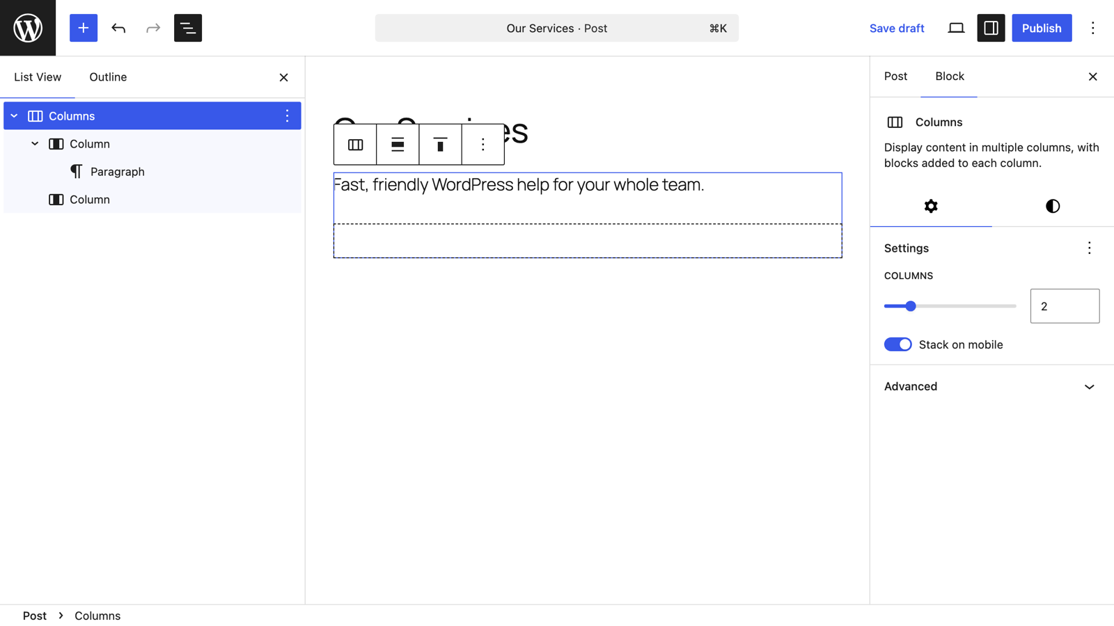 The parent Columns block settings: column count slider and Stack on mobile toggle