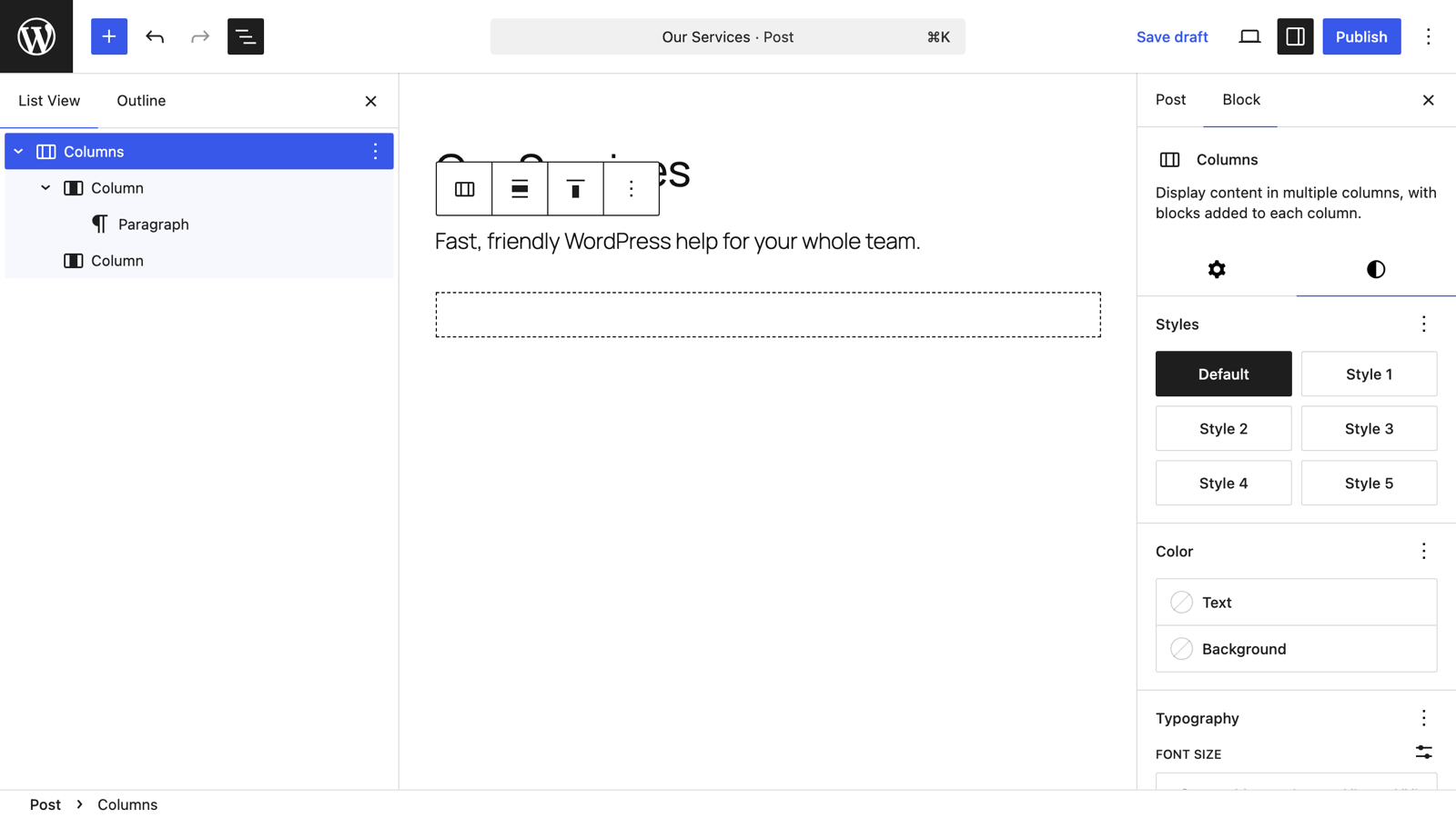 The Styles tab for the Columns block with color controls