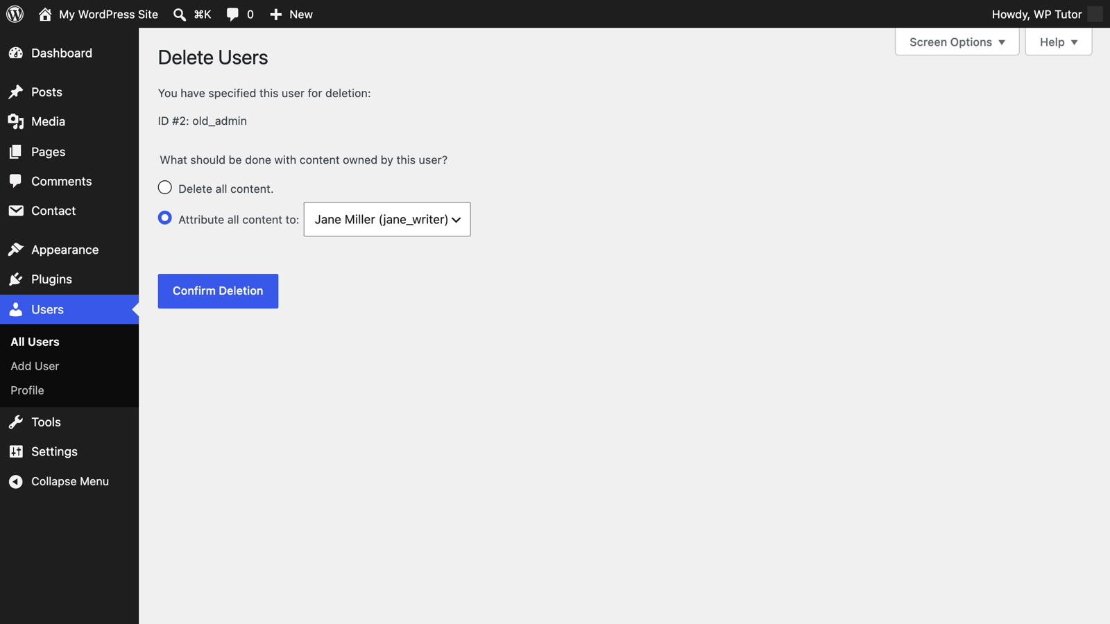 The Delete Users screen with "Attribute all content to" selected