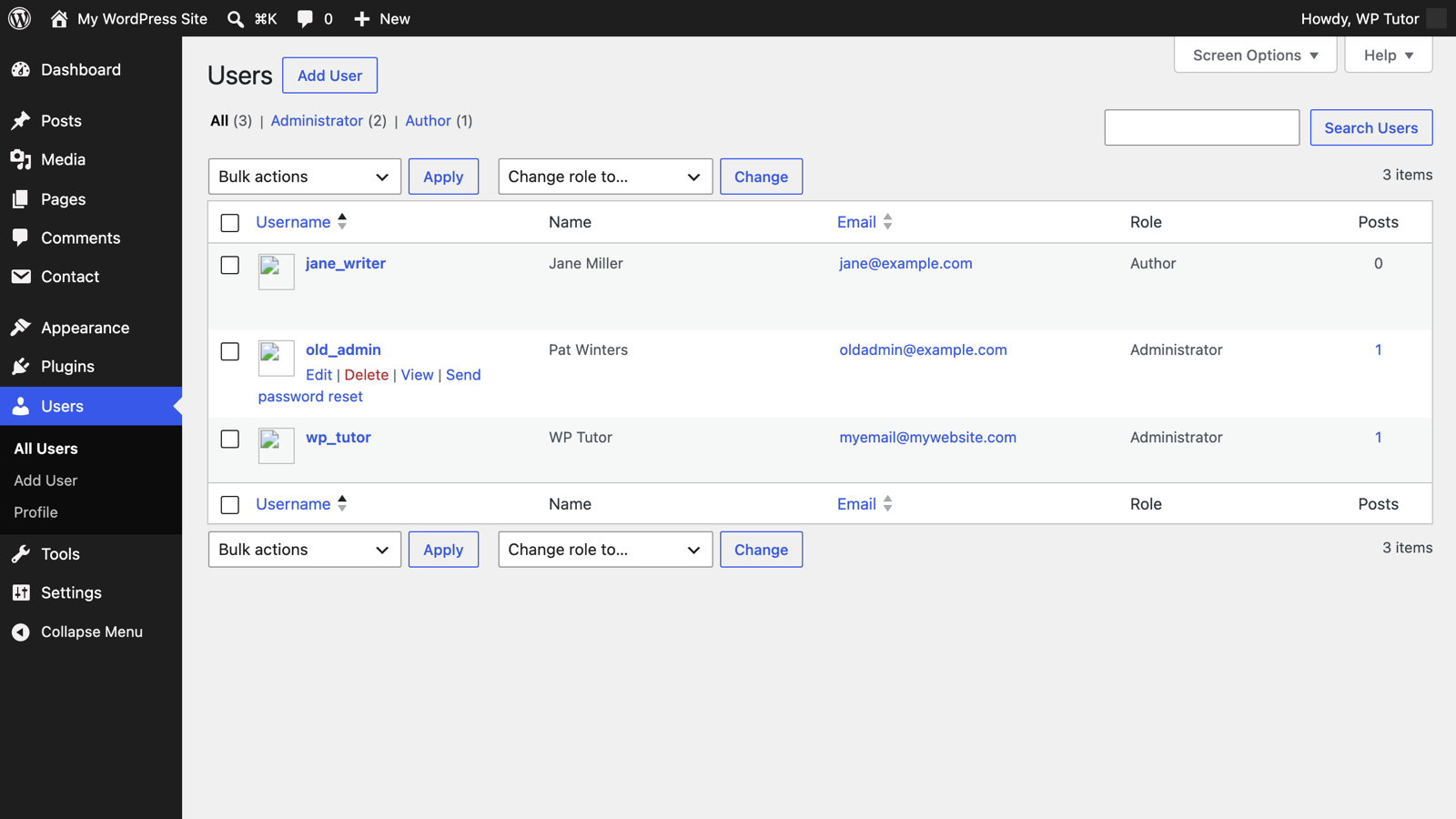 The row actions with the Delete link visible under the user
