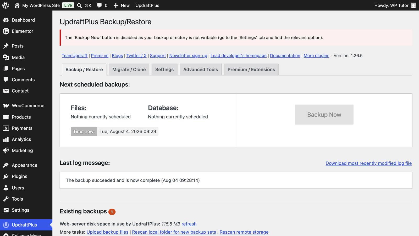 The existing backups list in UpdraftPlus