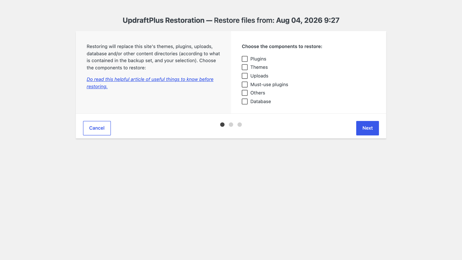 The UpdraftPlus restore dialog with component checkboxes