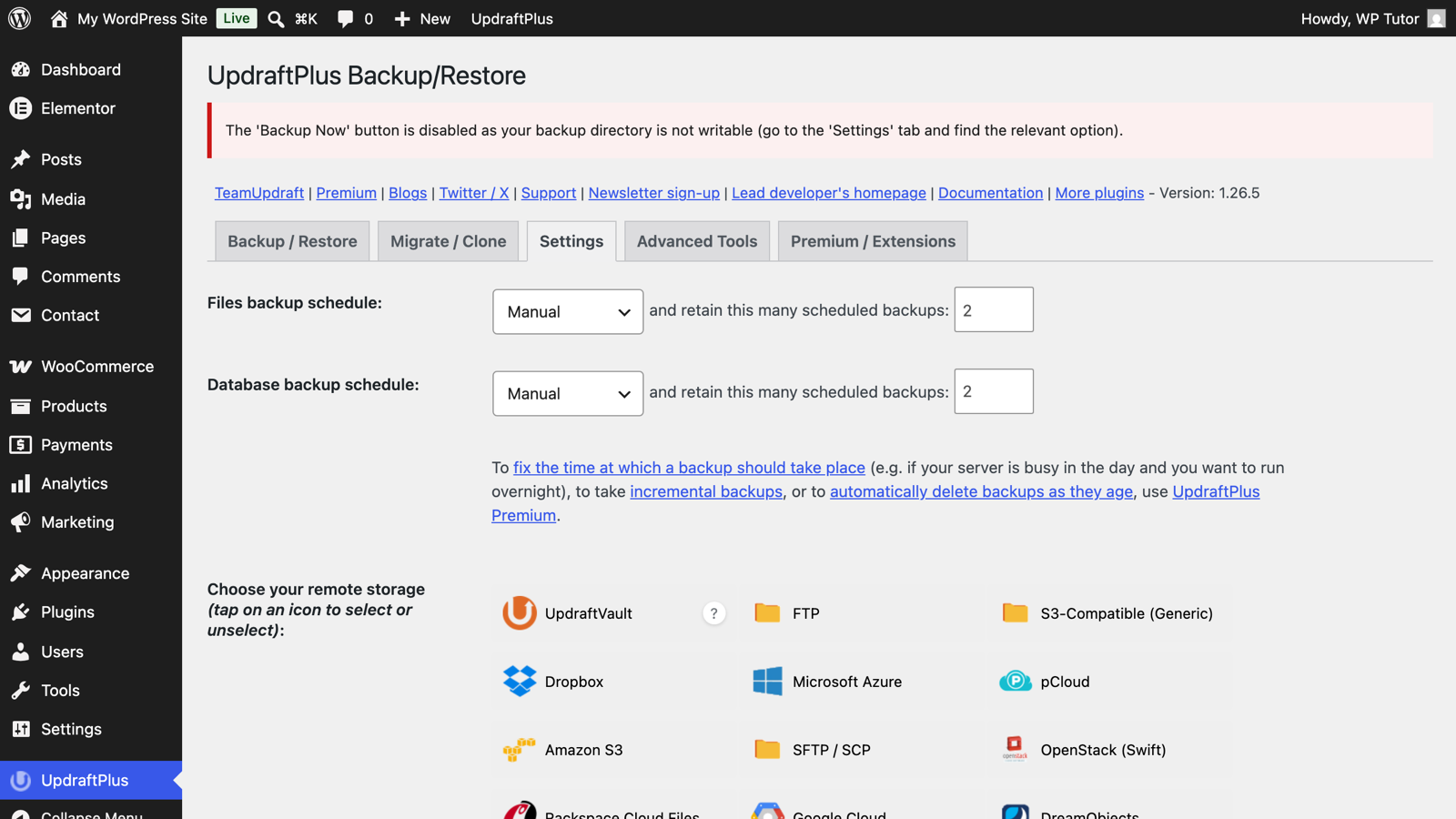 UpdraftPlus settings with schedule dropdowns and storage options