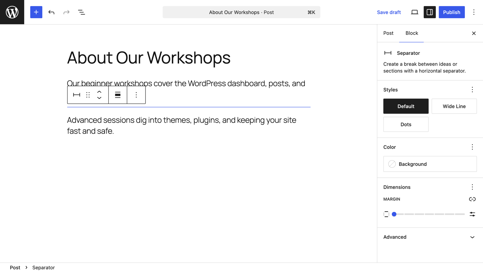 Using the Separator Block in Gutenberg