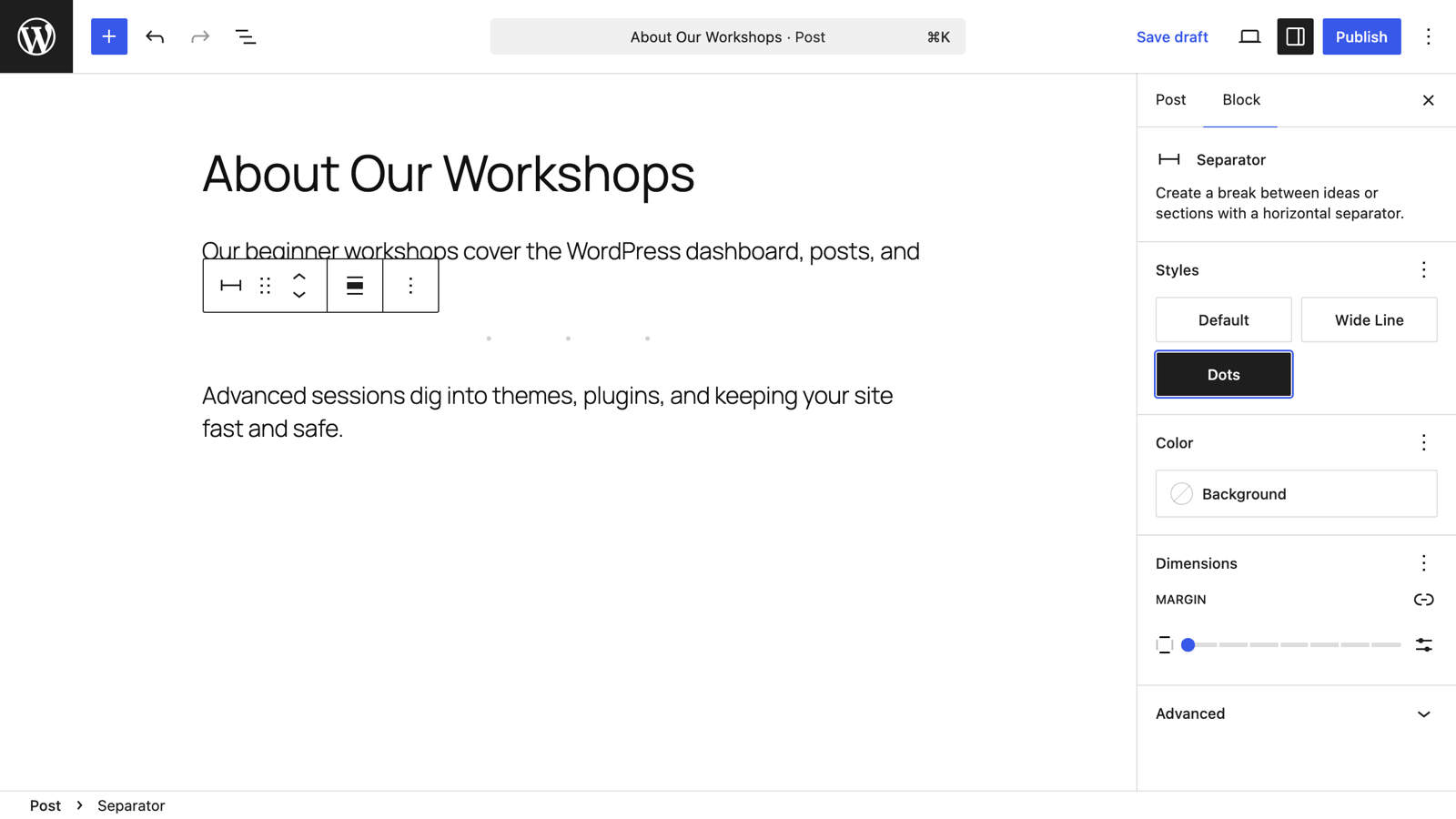 The Dots separator style applied in the editor