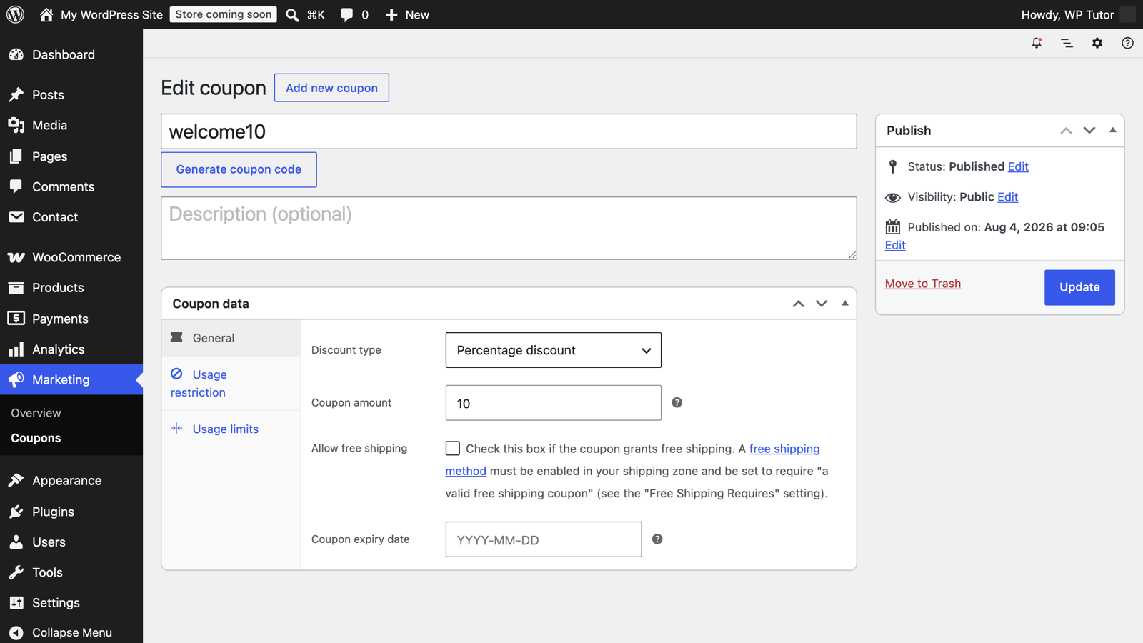 Editing a coupon's general settings